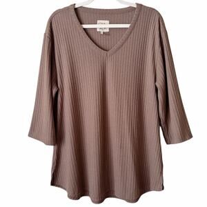 Chaser | Waffle Knit Shirt Top V-neck 3/4 Sleeve Relaxed Fit Tan Brown XXL